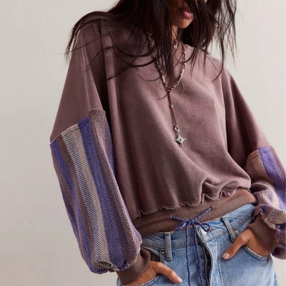 We The Free Ottoman Sienna Pullover Sweatshirt with Striped Balloon Sleeves